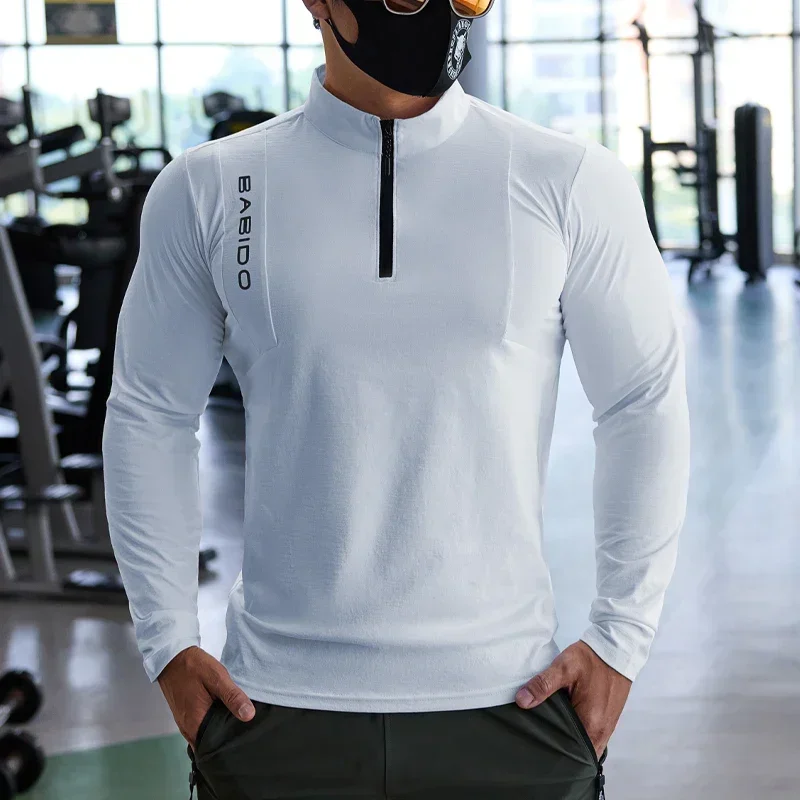 Sport Fitness Langarm Männer Herbst Dehnbar Quick-Dry Lauf Gym Training Kleidung Schlank Reißverschluss Baseball Tennis Sport Tops