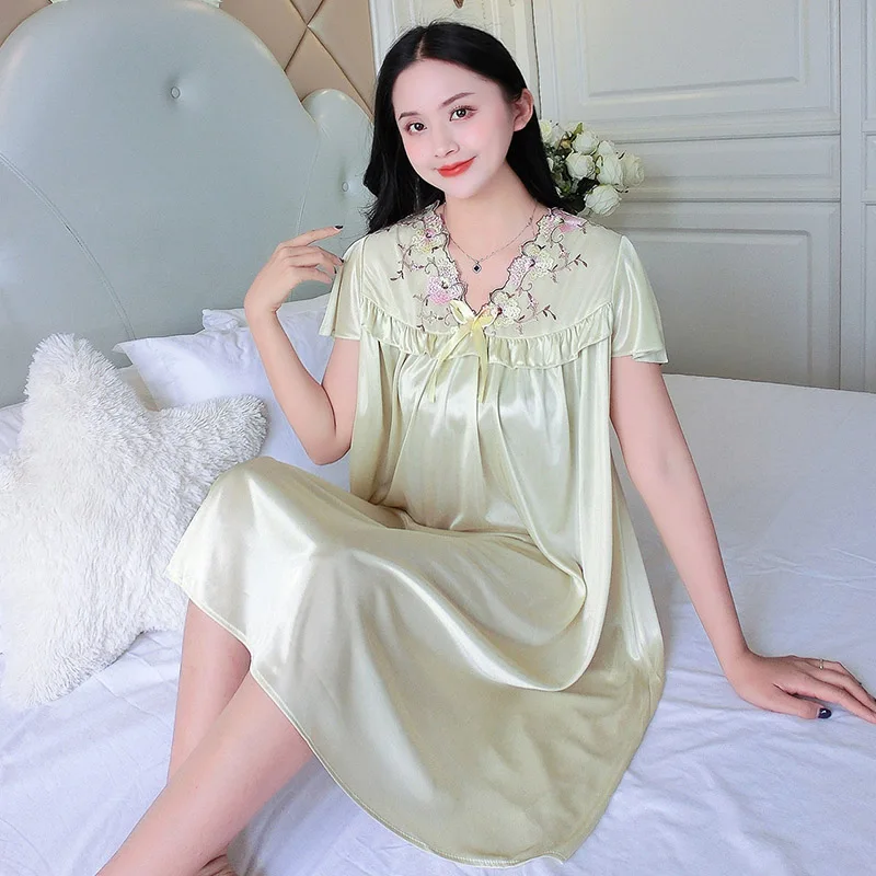 Women\'s Champagne Sleepwear Nightgowns Nightwear Sexy Night Dress Nightie Sleeping Home Dress Silk Satin Sleepwear Pjs Plus Size