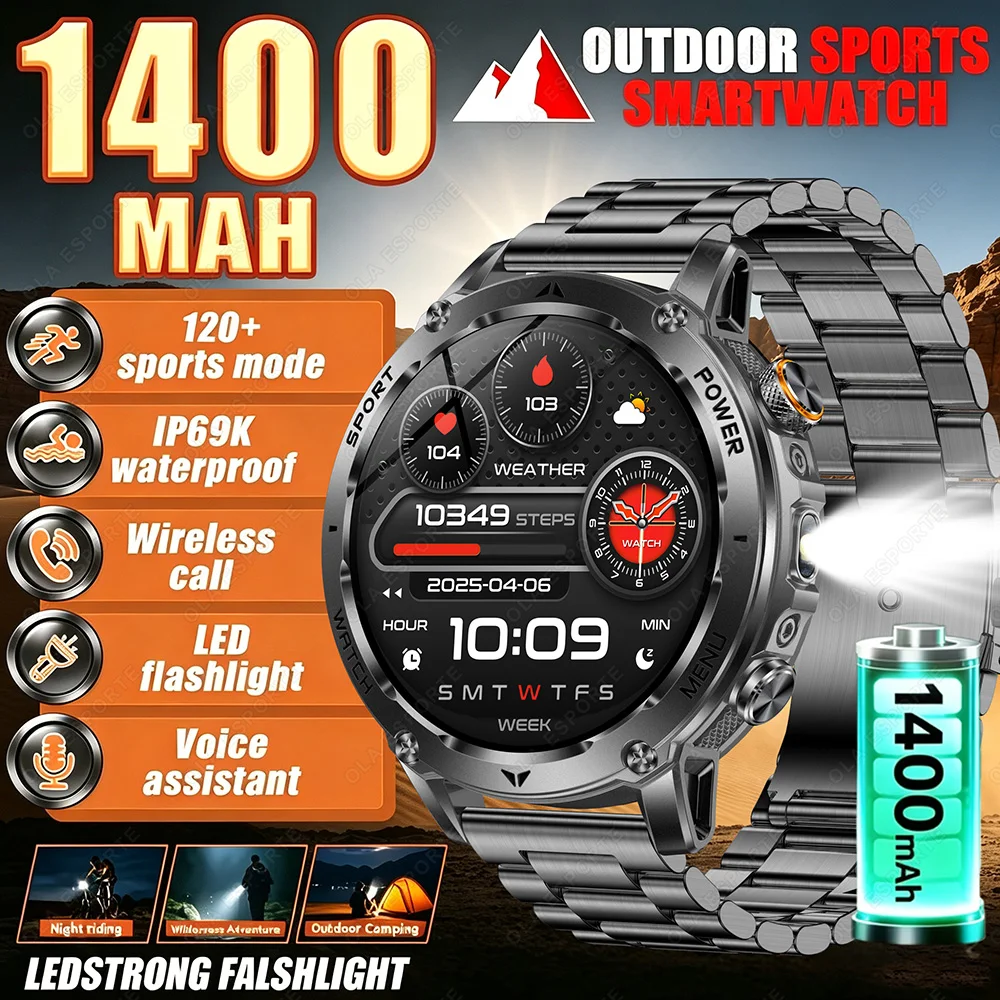 Militärische Smartwatch für Herren, 1400-mAh-Akku, 1,7-Zoll-AMOLED-Display, Sport-GPS-Tracker, Bluetooth-Anruffunktion, Smartwatch für Android und iOS, Modell HT22. ﻿