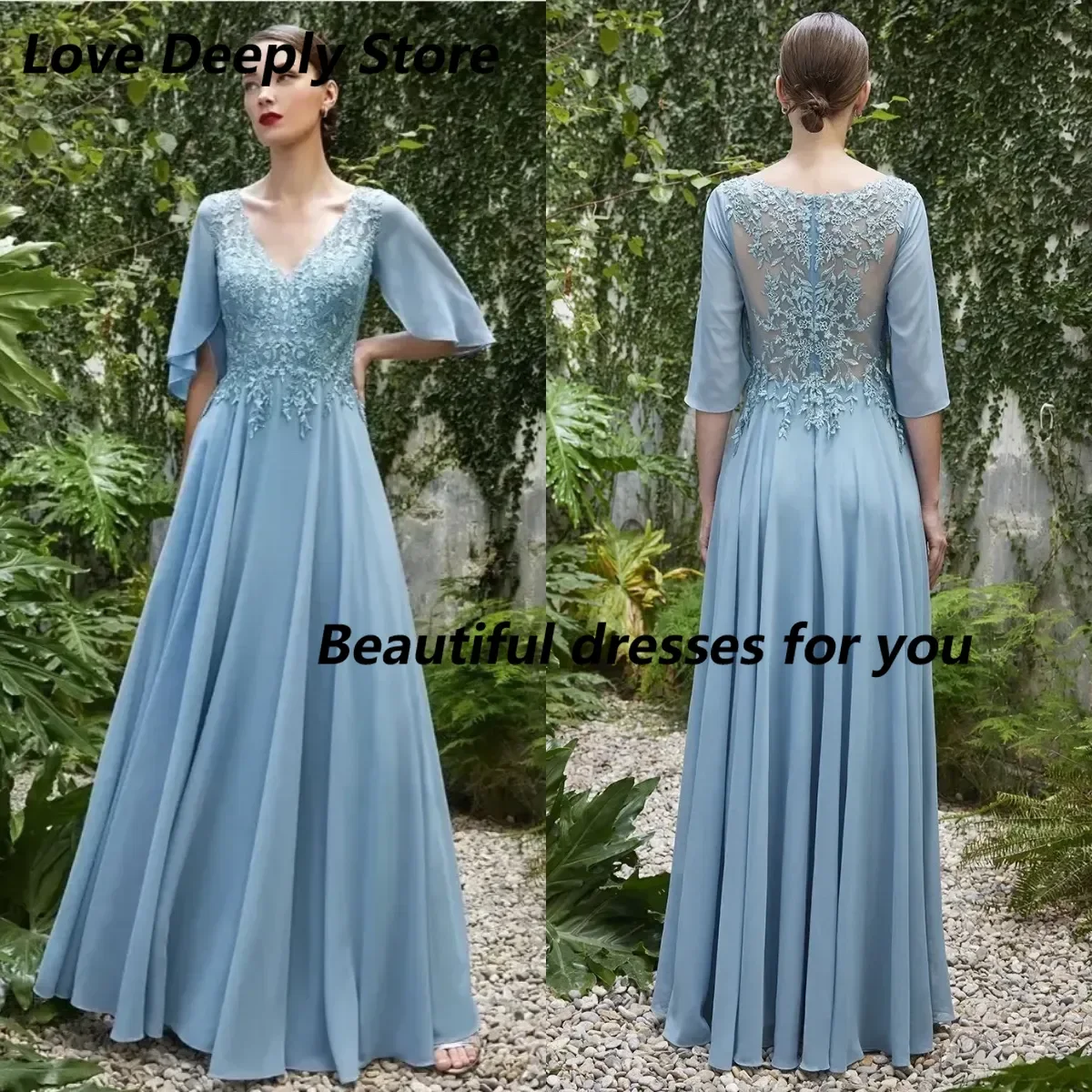 

Customized Elegant Chiffon Mother of The Bride Dresses V Neck Wedding Guest Dress Lace Appliqued Floor Length Evening Gowns