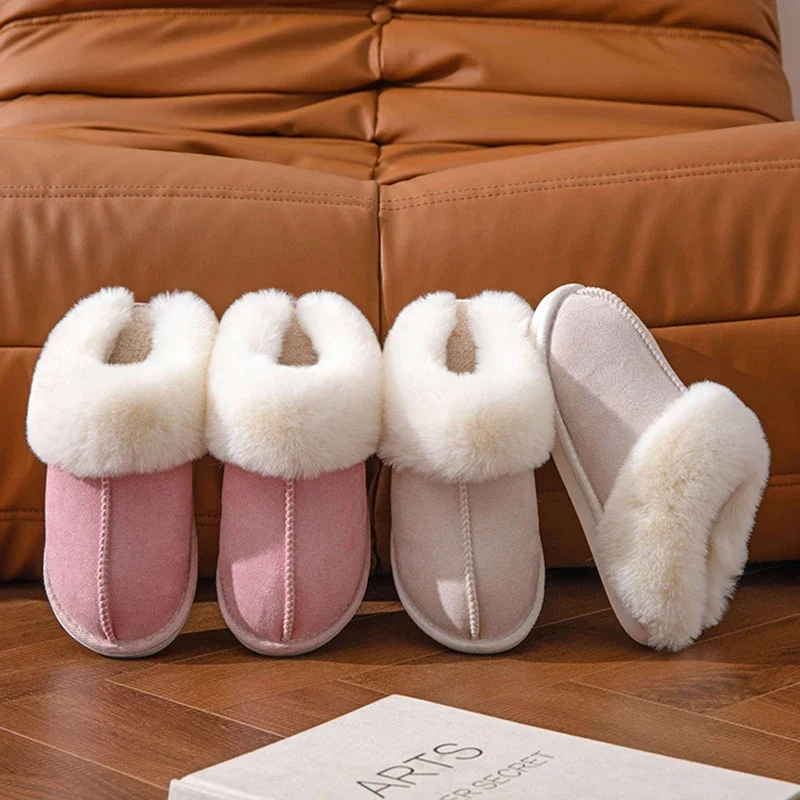 2024 Winter Warm Flat Fur Slippers Women Faux Suede Fluffy Furry Home Slides Woman Comfort Non Slip Indoor Floor Cotton Shoes