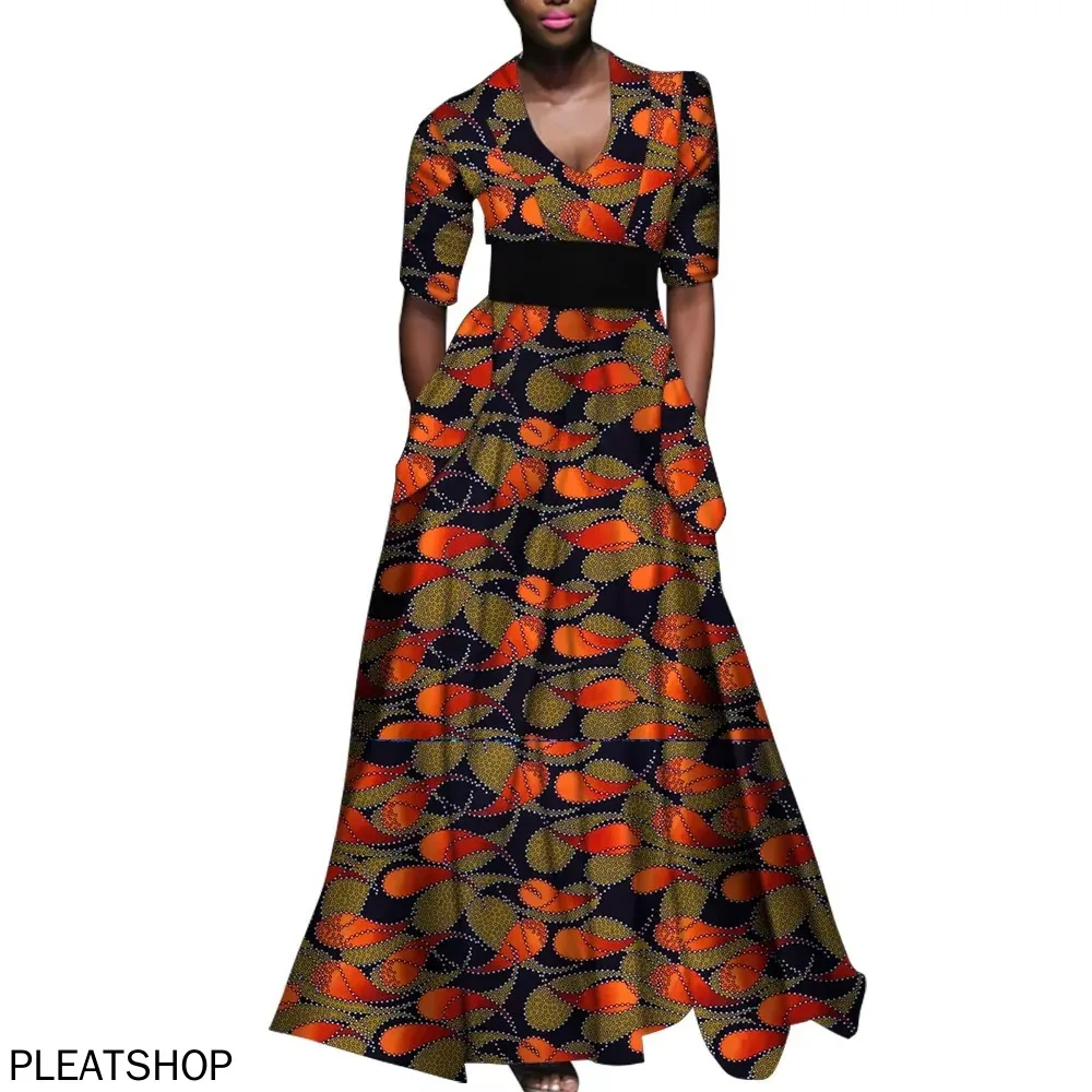 

Ankara V-neck Women's Long Dress African Print Fashion Elegant Gown for Special Occasions