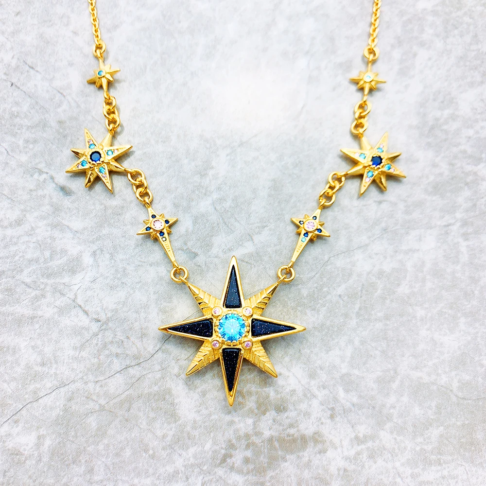 Royalty Stars Gold Link Chain Necklace Brand New Cosmic Fine Jewelry Europe 925 Stering Silver Vintage Gift For Women