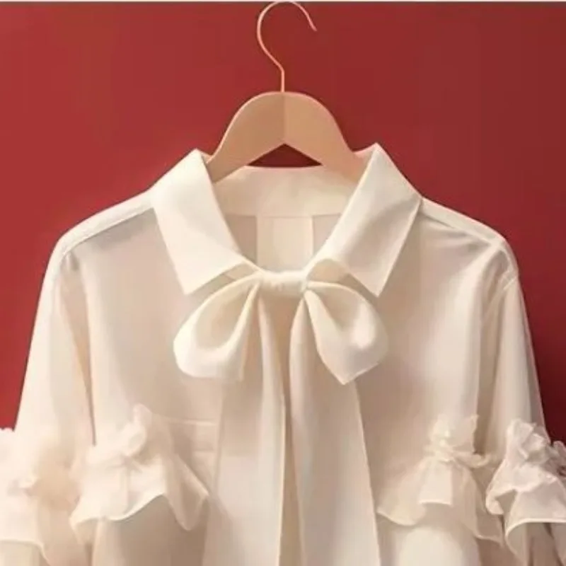 OCEANLOVE Spring Autumn Bow Blouses Solid Ruffles Vintage Sweet Women Shirts Korean Fashion Puff Sleeve Elegant Camisas