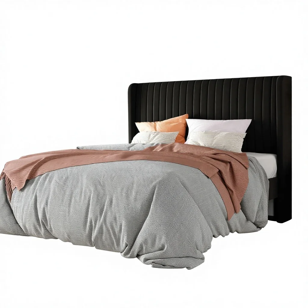 

!@Modern Queen Size Velvet Bed Frame Storage Vertical Channel Tufted Wingback Headboard Upholstered Platform Bed Strong MDF Wood