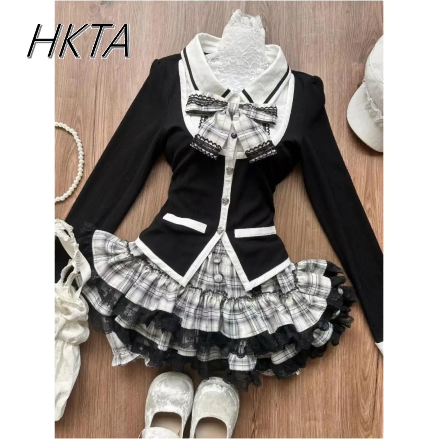 

Korean Retro College Style Black Knitted Long-sleeved T-shirt Women Girls Lolita Sweet Bow Contrasting Top Plaid Cake Skirt Set