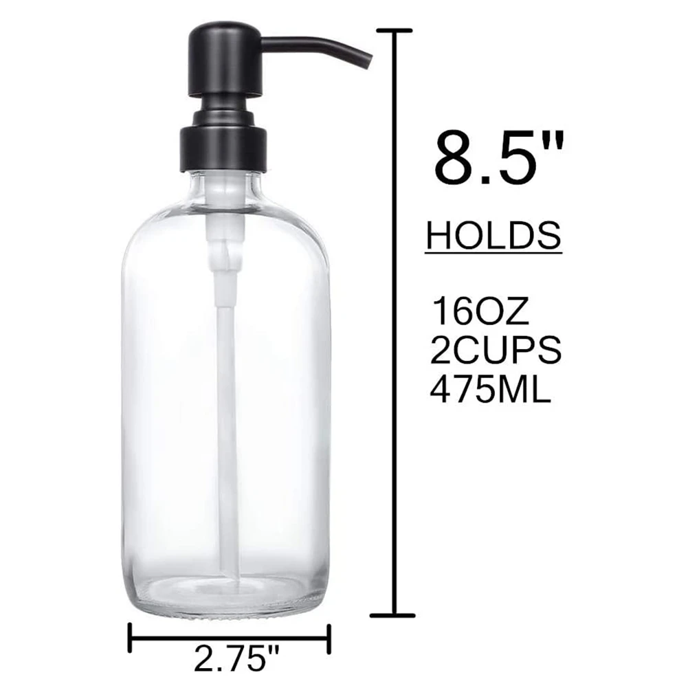 ABHU Soap Dispenser 16OZ,2 PCS Clear Glass Soap Dispenser With Stainless Steel Pump For Bathroom Kitchen