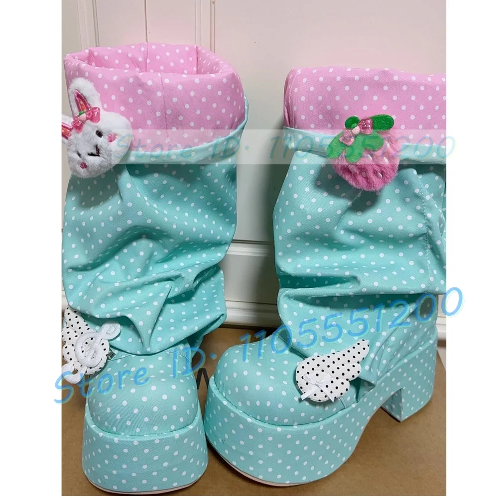 Color Block Polka Dot Pleated Mid Calf Lolita Boots Women Round Toe Lovely Pink Platform Chunky Heel Shoes Stylish Baggy Boots
