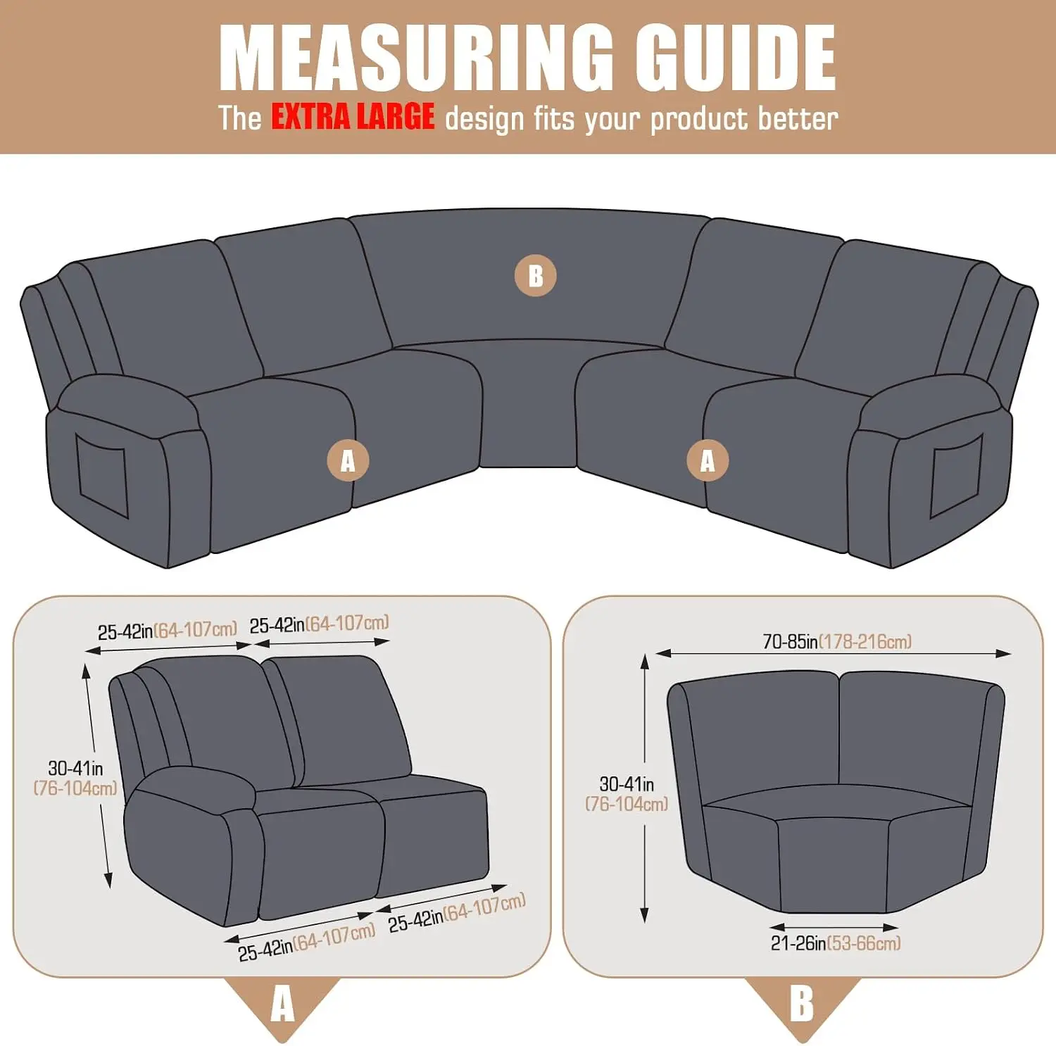 extra large 5 seat l shape sectional recliner cover charcoal gray thick soft washable non slip stretch slipcover
