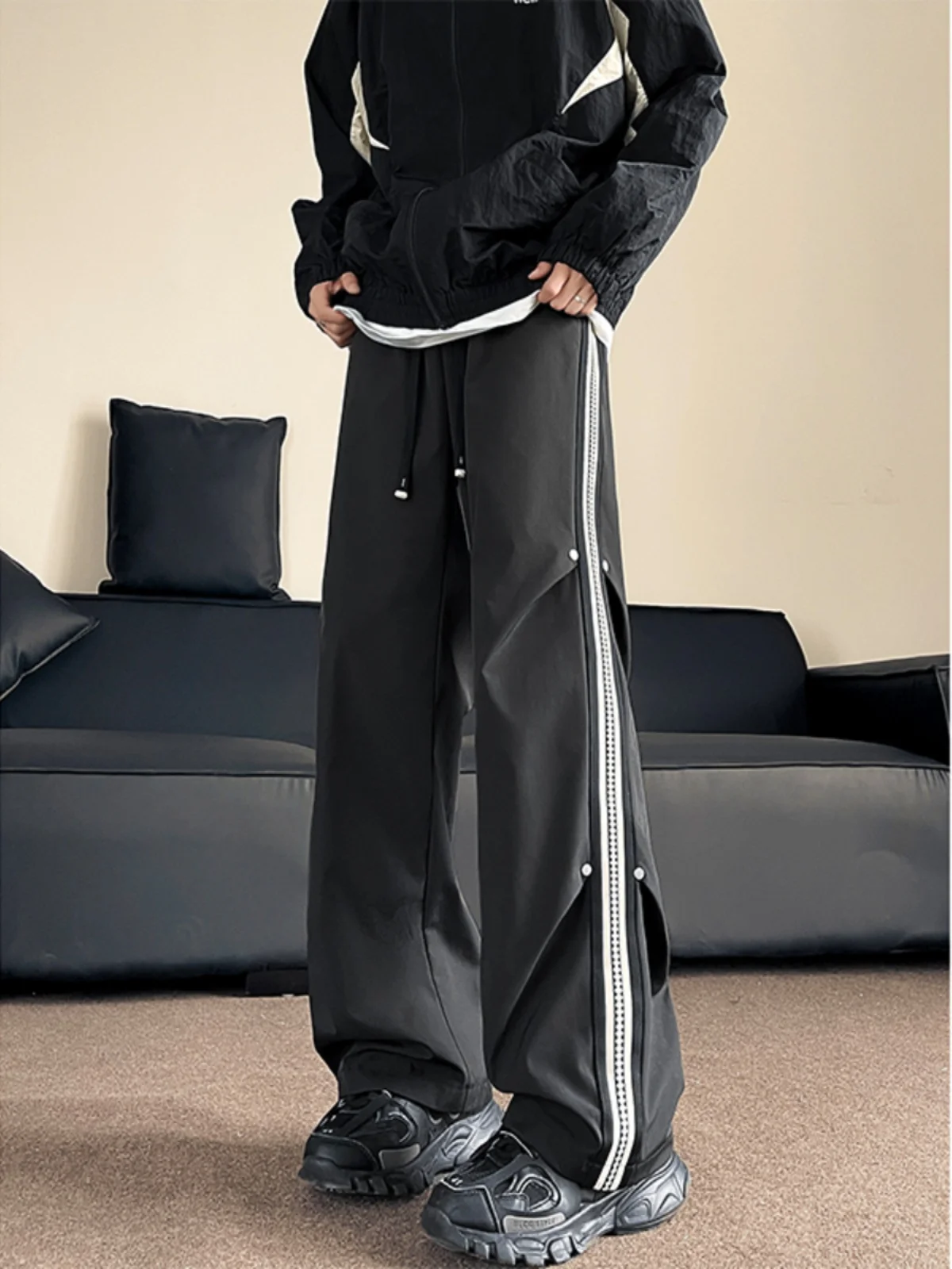 

Folded Side Stripe Casual Pants Men's Summer American Functional Fce Bla Sports Leisure Straight Leg Trousers