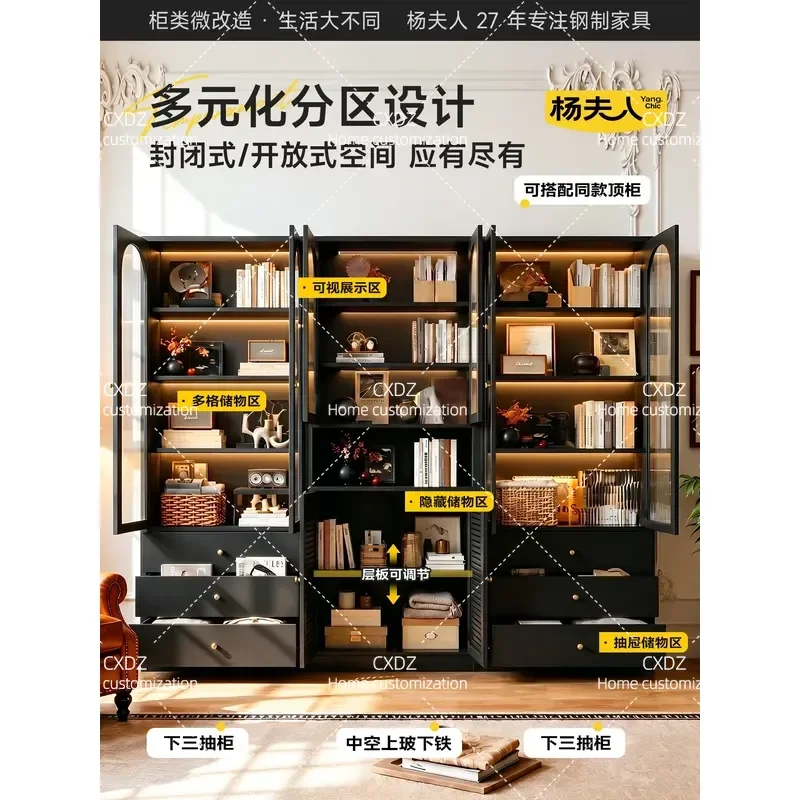 Steel Bookcase with Glass Door Modular Wall Cabinet Living Room Storage Display Shelf Integrated Unit