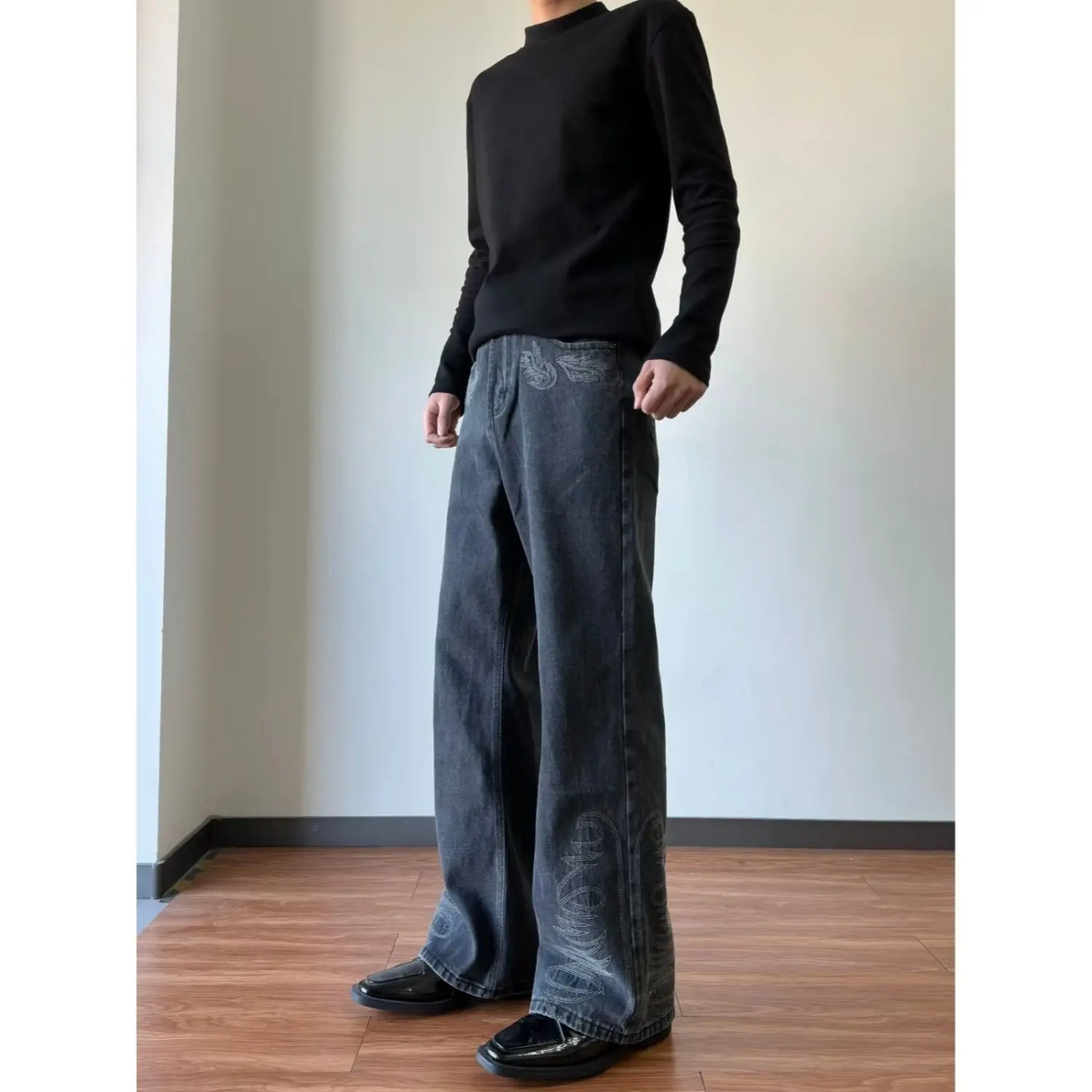 Men's Vibe Black Jeans Casual Pants Wide Legs Sweatpants Cool Boy Summer Bottom Male High Waist Unisex Baggy Trousers