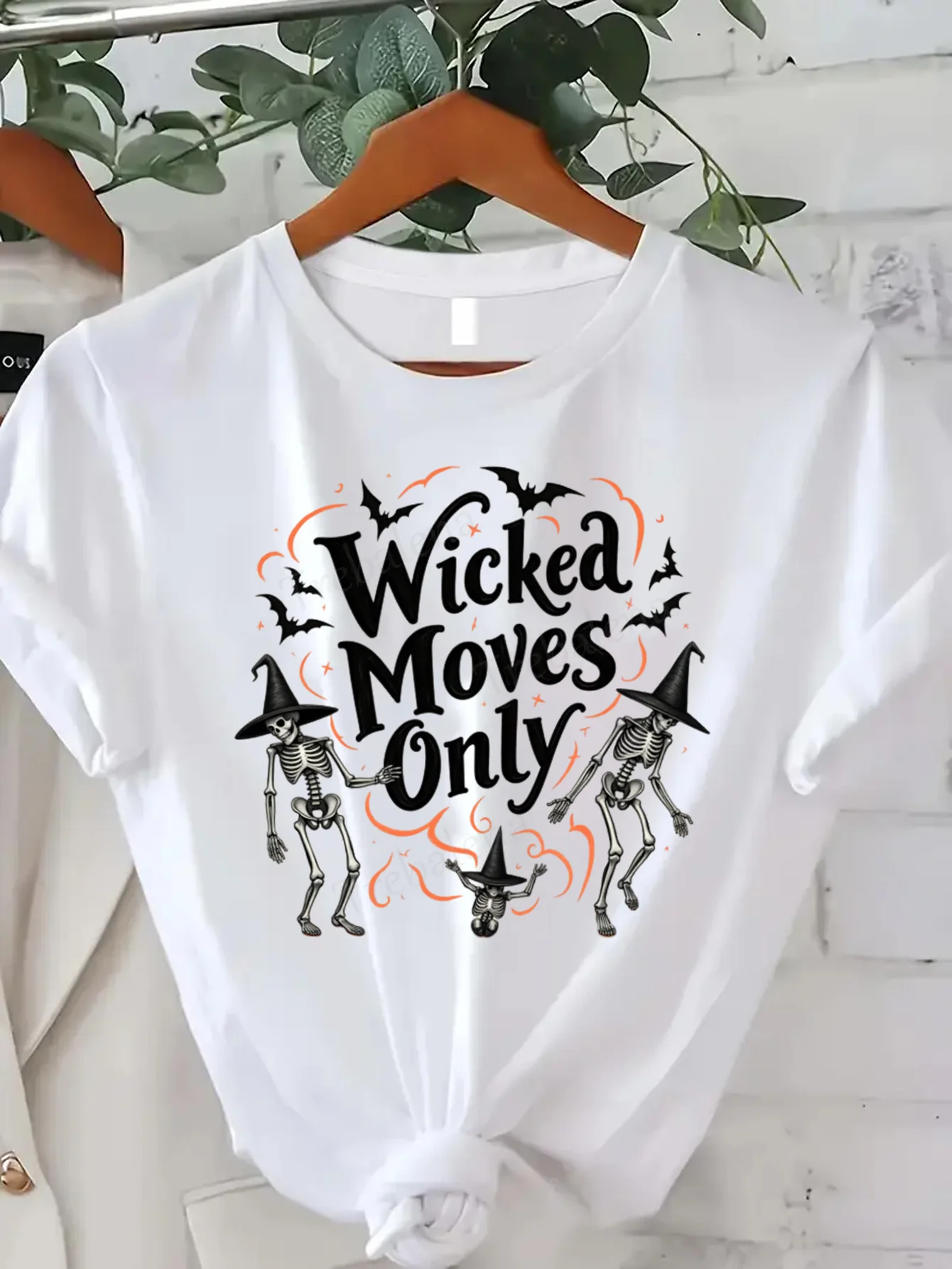 

Round Neck T-shirt Wicked Moves Only Halloween Skeletons Women's Plus Size T-Shirt Short Sleeve Tee Fashion Casual Top