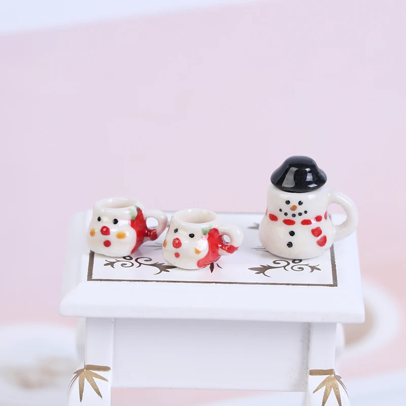 ตุ๊กตามินิเซรามิคคริสต์มาส Snowman ชุดตุ๊กตา House Miniature ถ้วยและชุดหม้อทิศทางเฟอร์นิเจอร์ของเล่น