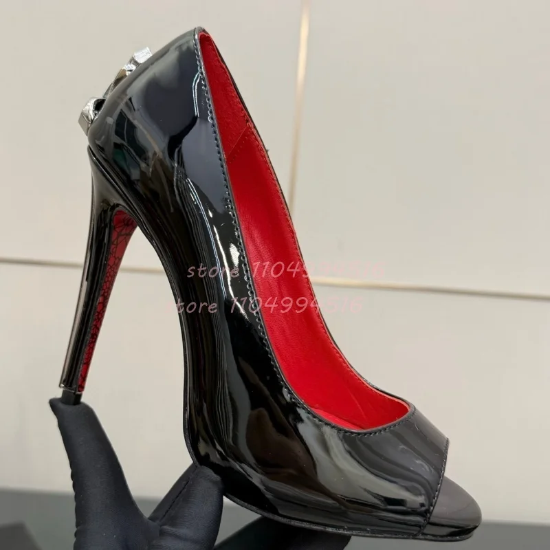 

Black Leather Peep Toe Stiletto Sandals Women Sliver Metal Decor Gladiator High Heels Sexy Fashion Slip On Suede Ladies Shoes