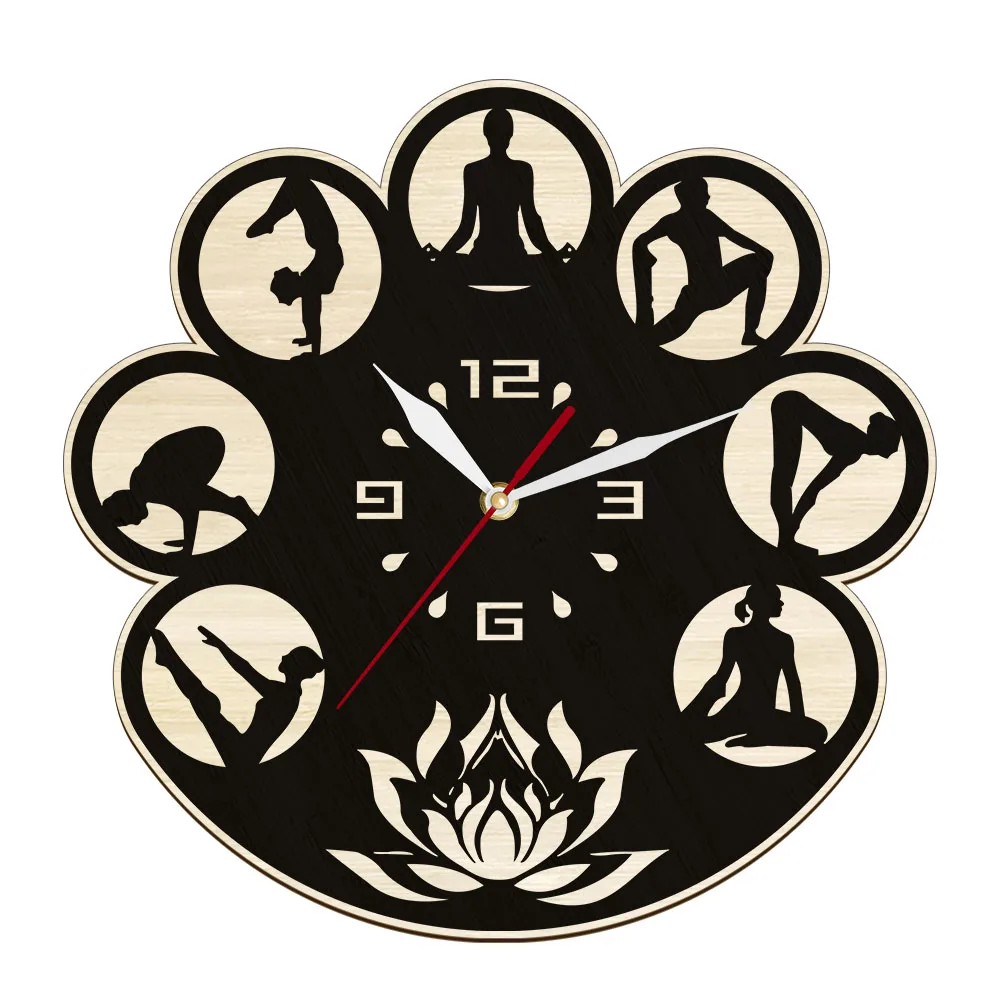 Lotus Flower With Yoga Pose Modern Design Wooden Wall Clock For Yoga Studio Fitness Center Yogi Artwork Clock Meditation Gift