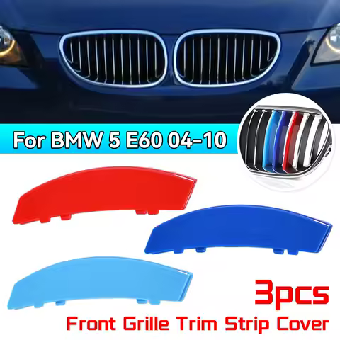 HulitTop 3Pcs Front Grille Trim Strips For BMW 5 Series E60 E61 2004-2010 Medium Grid Three-color Strip Medium Grid Buckle