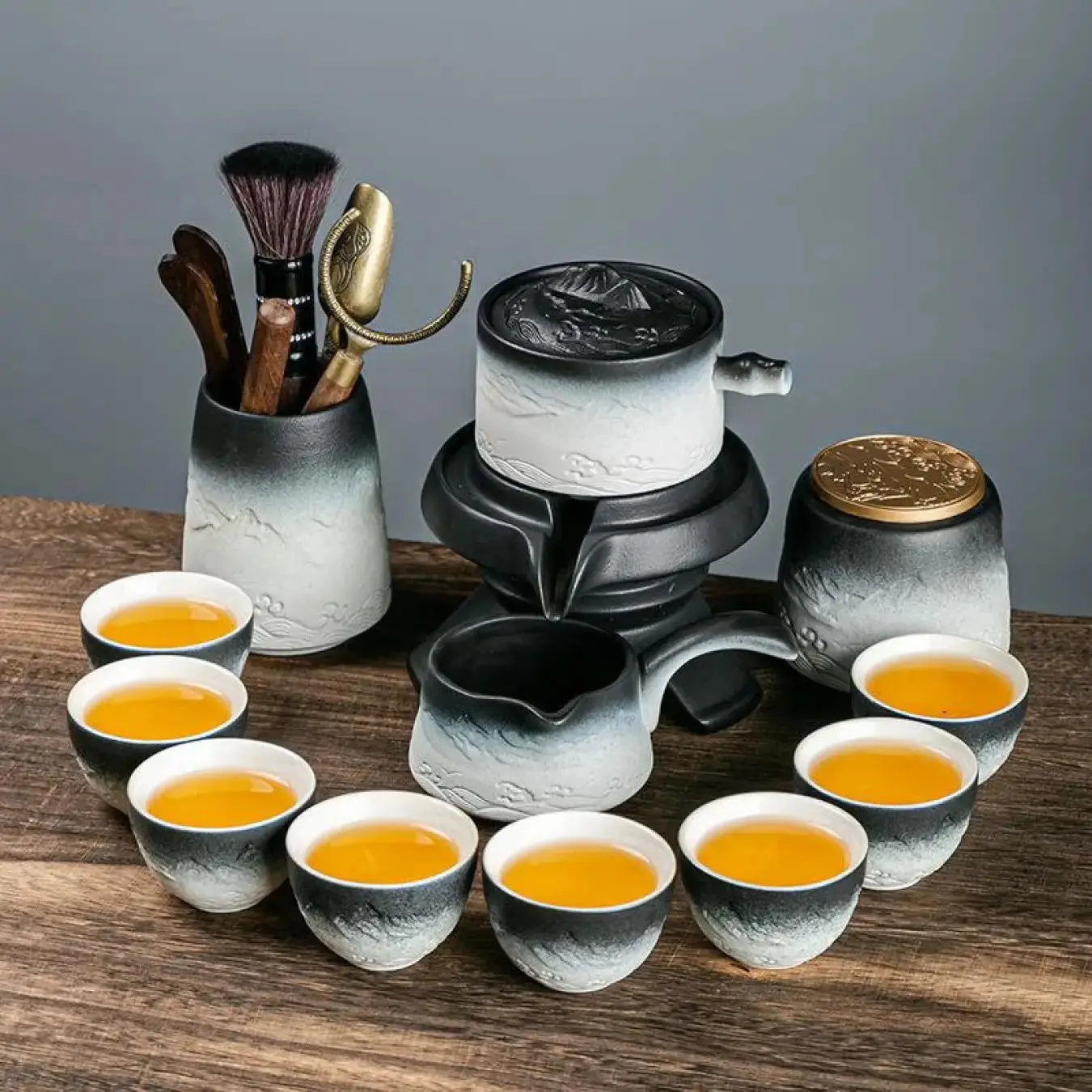 High end Mountain and Sea View Gradient Frosted Stone Automatic Kung Fu Tea Set, Household Lazy Tea Making Tool