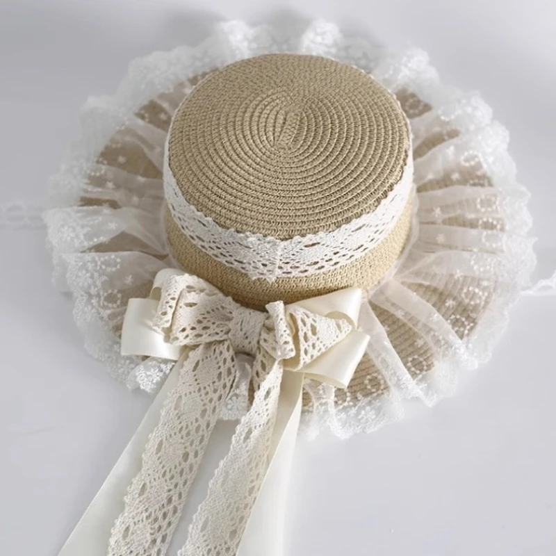 Harajuku النساء البراري شيك القش قبعة الشاطئ قبعة الشمس اليدوية الفتيات الحلو لوليتا نمط تأثيري Kawaii مقوس دانتيل الشريط قبعات من القش