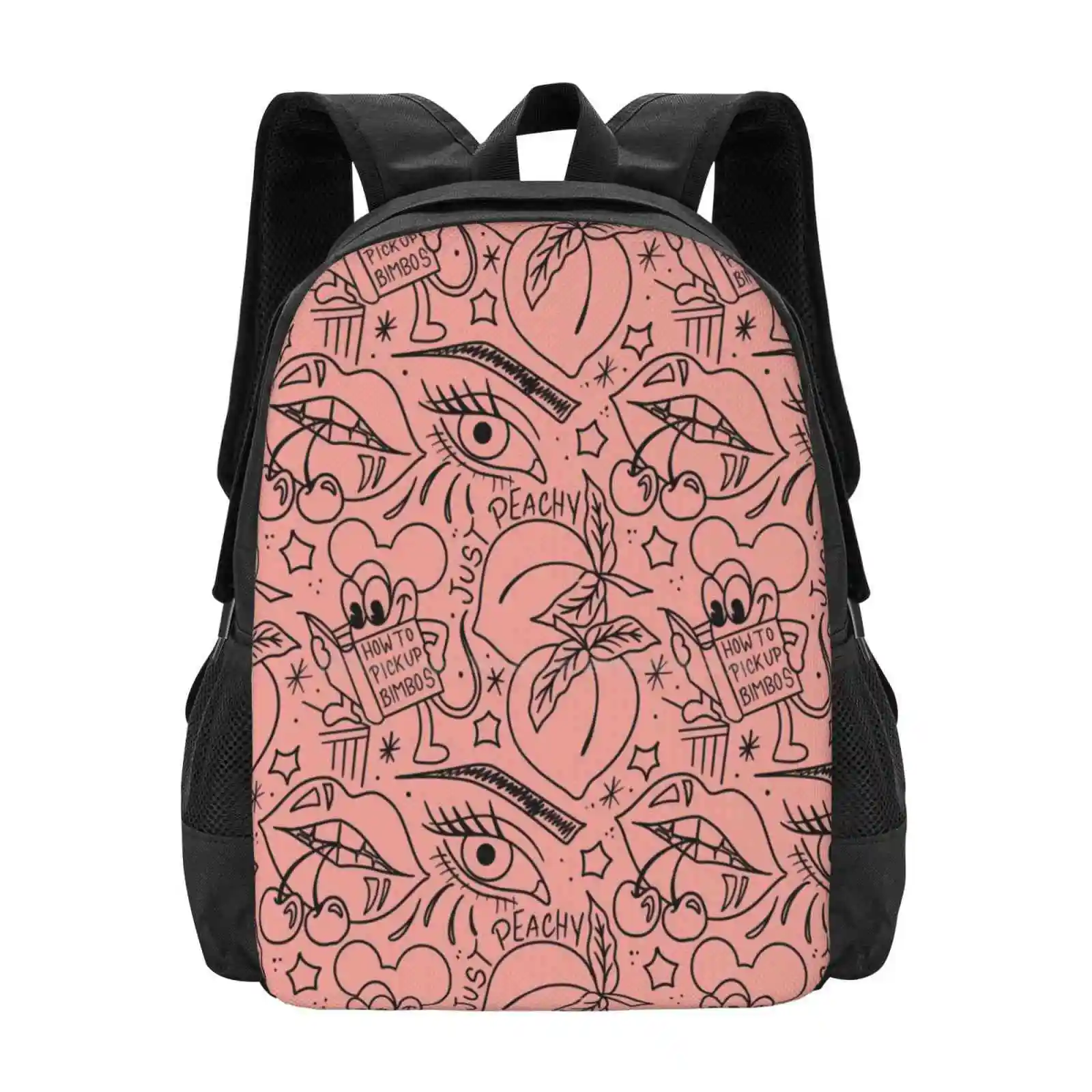 Just Peachy Girl Eye Pattern Bimbos Peach Cherry Pattern Design Bagpack School Bags Traditional Tattoo Tattoos Flash