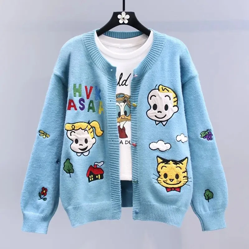 Cartoon Embroidery Sweater Female Cardigans Autumn O Neck knitwear Casual Women Sweater Jacket Korean Loose outwear 2024