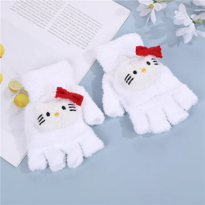 New Sanrio Hello Kitty Winter Gloves Cute Cartoon Kuromi Warm Half Finger Gloves Open Flap Knitted Thick Women Mitt Screen Touch