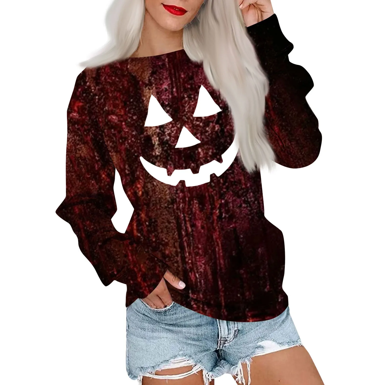 

Pumpkin Smiley Face Printed Pullover For Women'S Halloween Top Round Neck Classic Halloween Printed T-Shirt Sports Shirt