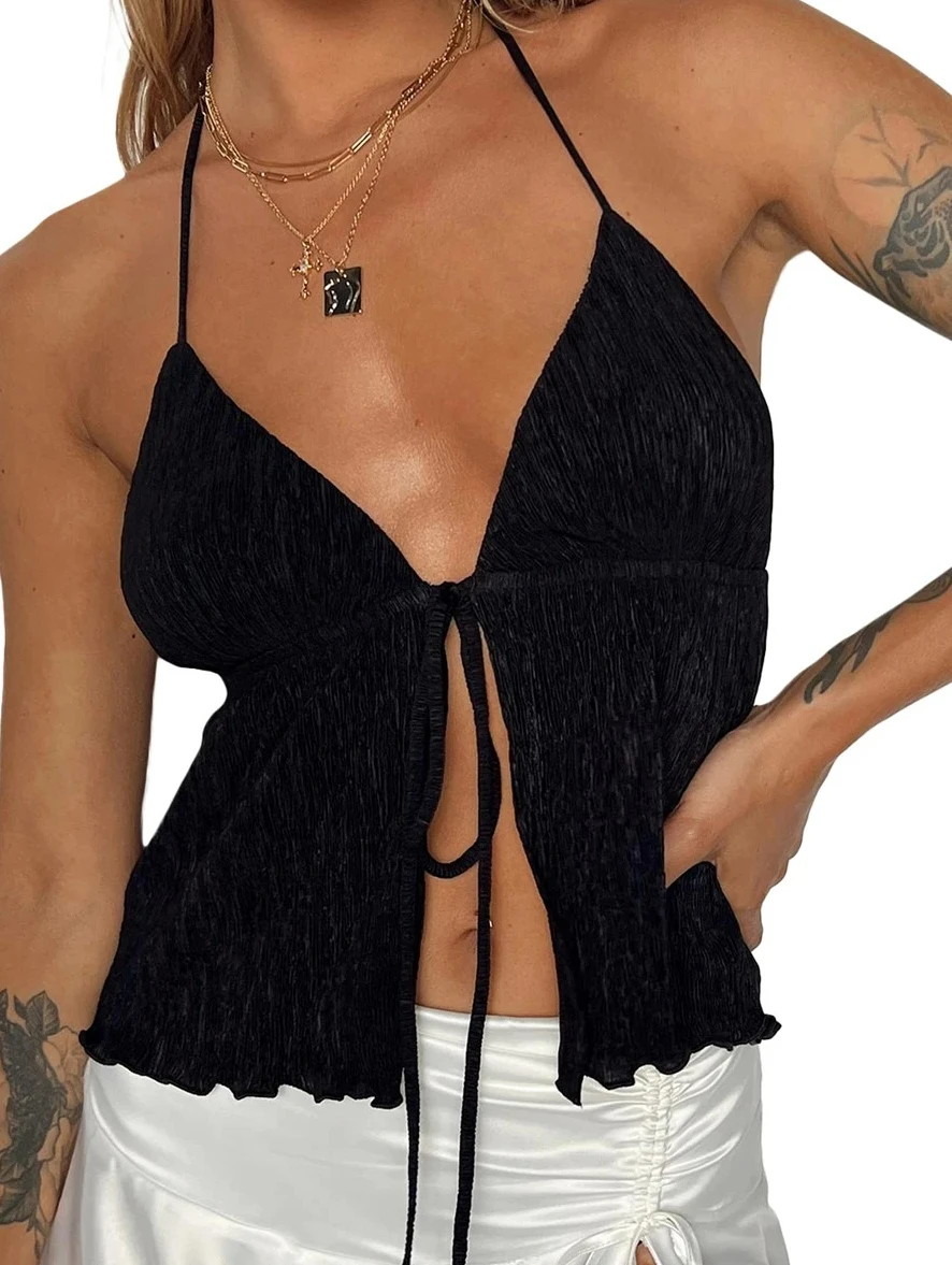 

Женский топ с завязками спереди, сексуальный топ с глубоким v-образным вырезом и лямкой на бретельках, топ на бретельках без рукавов, струящаяся уличная одежда