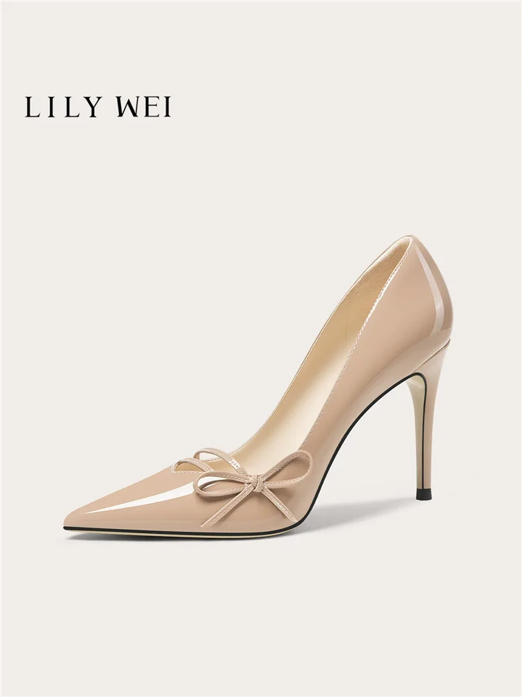 Spring new pointed patent leather bow fine order shoes banquet large size small size widened version high heels women's shoes