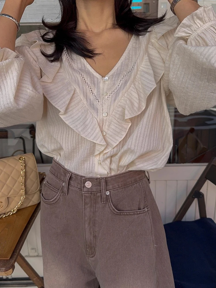 

Ele Vertical Striped Hollow out Long Sve V-Ne Ruffle Hem irt Women's Faion Design Sense Chic Autumn Unique Sle