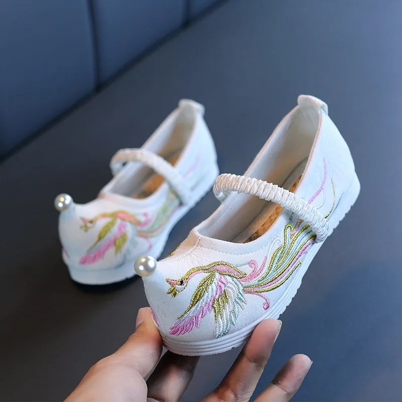 New Chinese Hanfu Baby Girls Dance Shoes Vintage Retro Birds Embroidery Pearl Flats Kids Cotton Stage Shoes Children Cloth Shoes