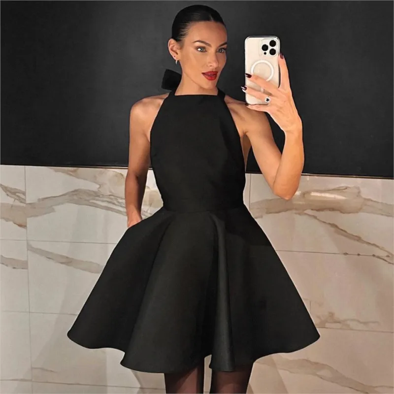 

2025 New Backless Black Pleated Dress For Women Sexy Sleeveless A-line Mini Dress Female Elegant Summer Holiday Party Streetwear