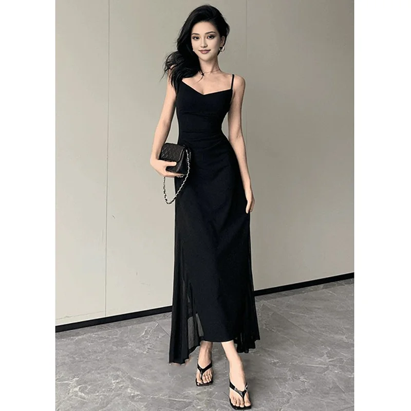 Vestido coreano de tirantes finos con cuello en V para mujer, vestidos de fiesta sexys con espalda descubierta y cintura ajustada, vestido Midi transparente negro elegante para mujer, nuevo