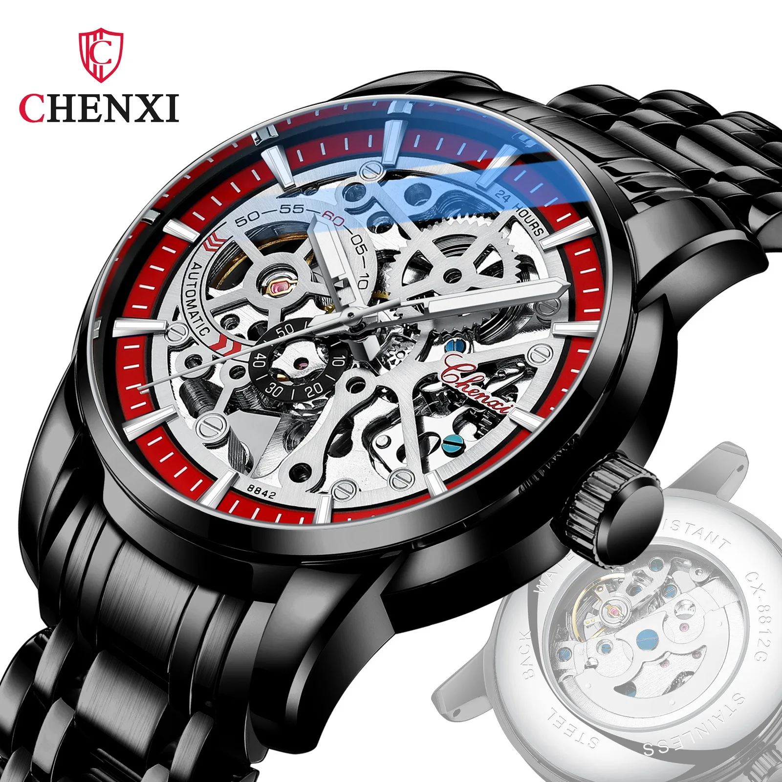 

CHENXI 8842 High Grade New Solid Steel Band Automatic Hollow Men's Waterproof Luminous Mechanical Watch Retro Hand Clock Men