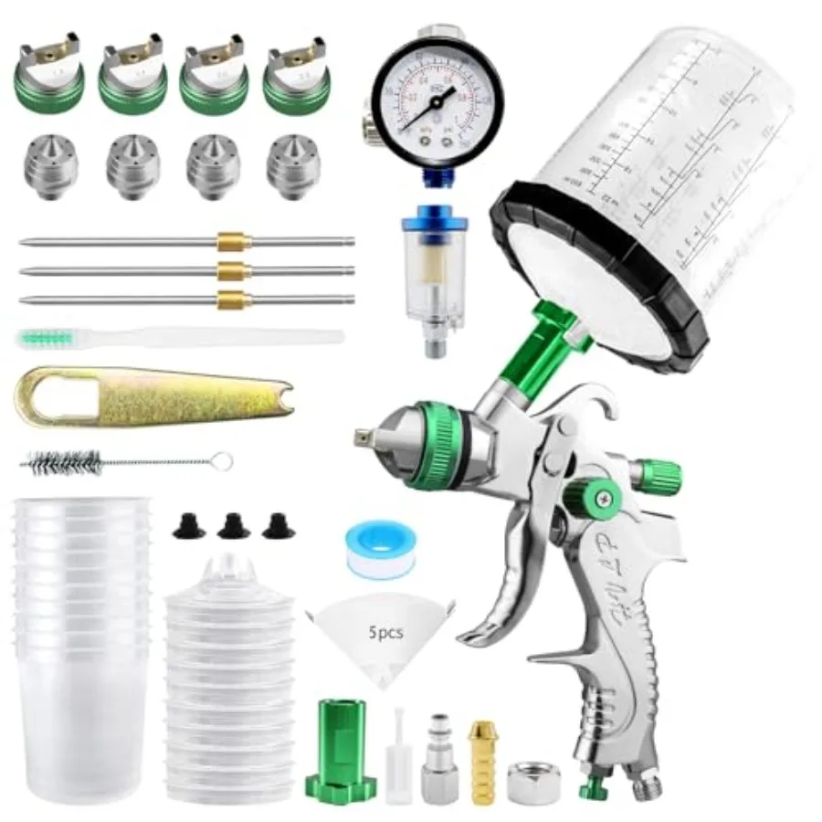 

HVLP Spray Gun with 10x 650ML Disposable Paint Cups 4 Nozzles 1.4/1.7/2.0/2.5mm Automotive Paint Guns Gravity Feed Air Spray Gu