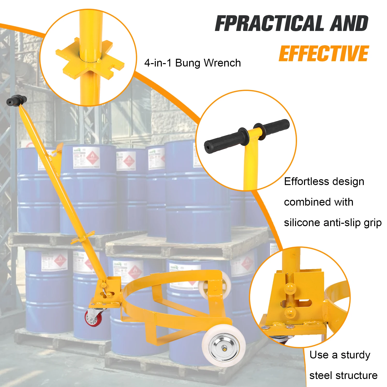 

Тележка-поддон для бочек 55 галлонов (1200 фунтов) с ключом и регулируемой по высоте ручкой для гаражей, мастерских и использования на улице