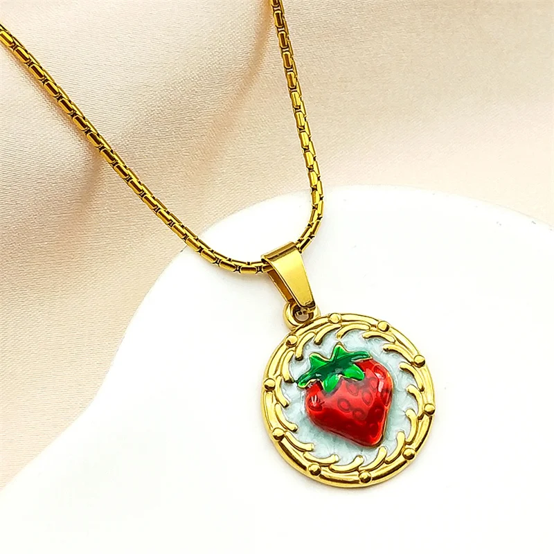 

Fashion Strawberry Fruit Chain Women Men Stainless Steel Gold Color Enamel Red Choker Female Elegant Wedding Choker Jewelry