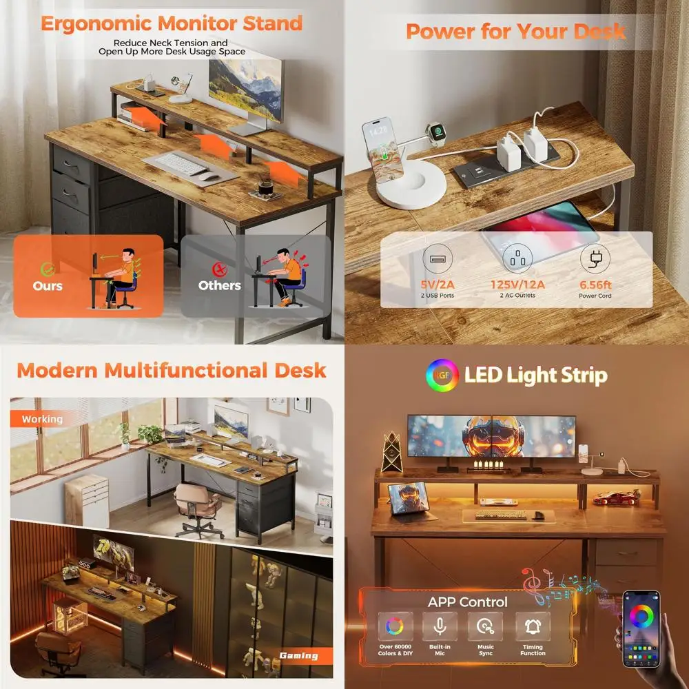 

Игровой стол 48 Rustic Brown с 3 ящиками, розетками, LED-подсветкой и подставкой для монитора для компактных помещений