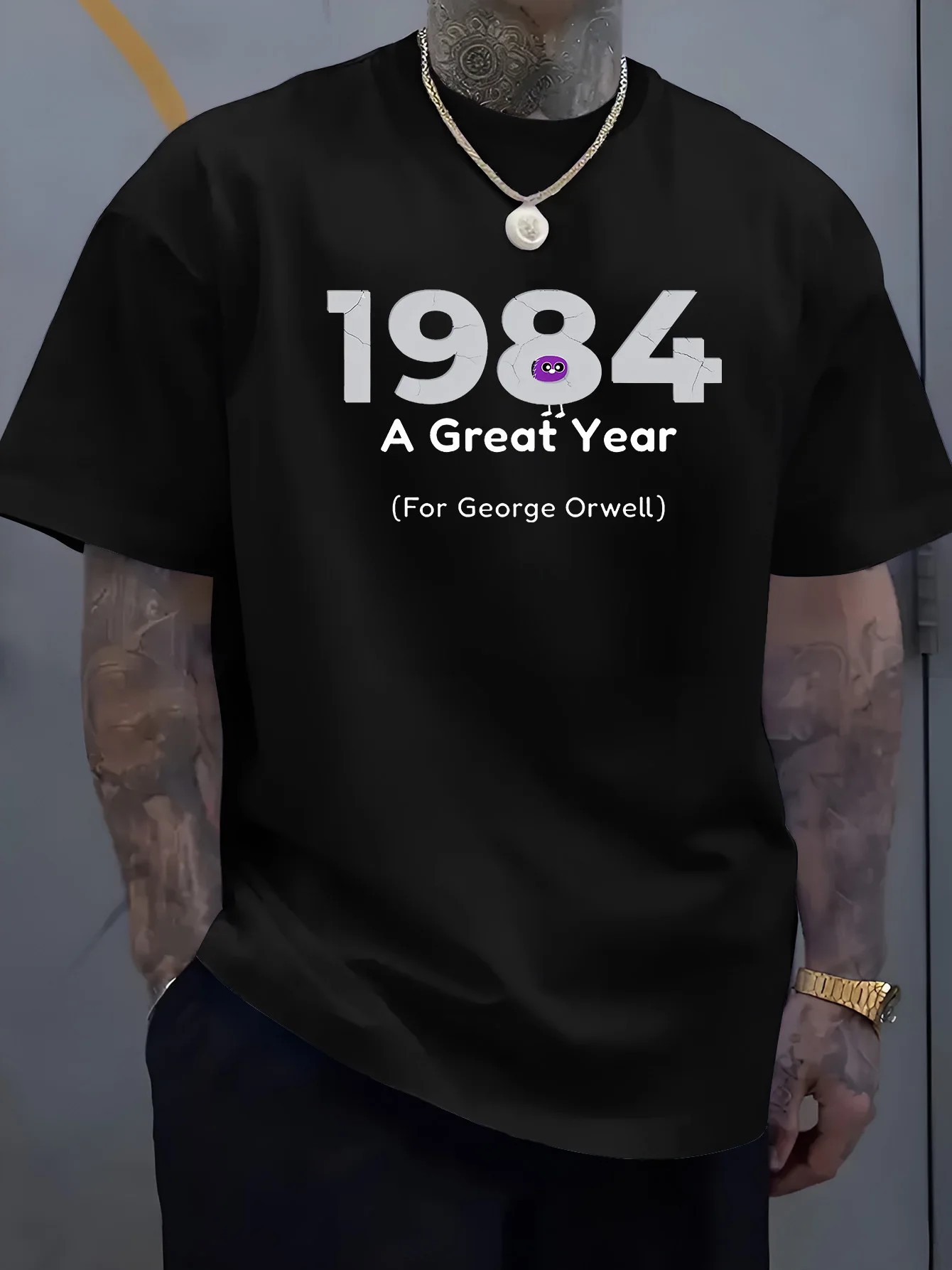 Male White Round Neck T Shirt Distressed 1984 Print Tiny Green Eye A Great Year George Orwell Satire Literature Cotton Tees