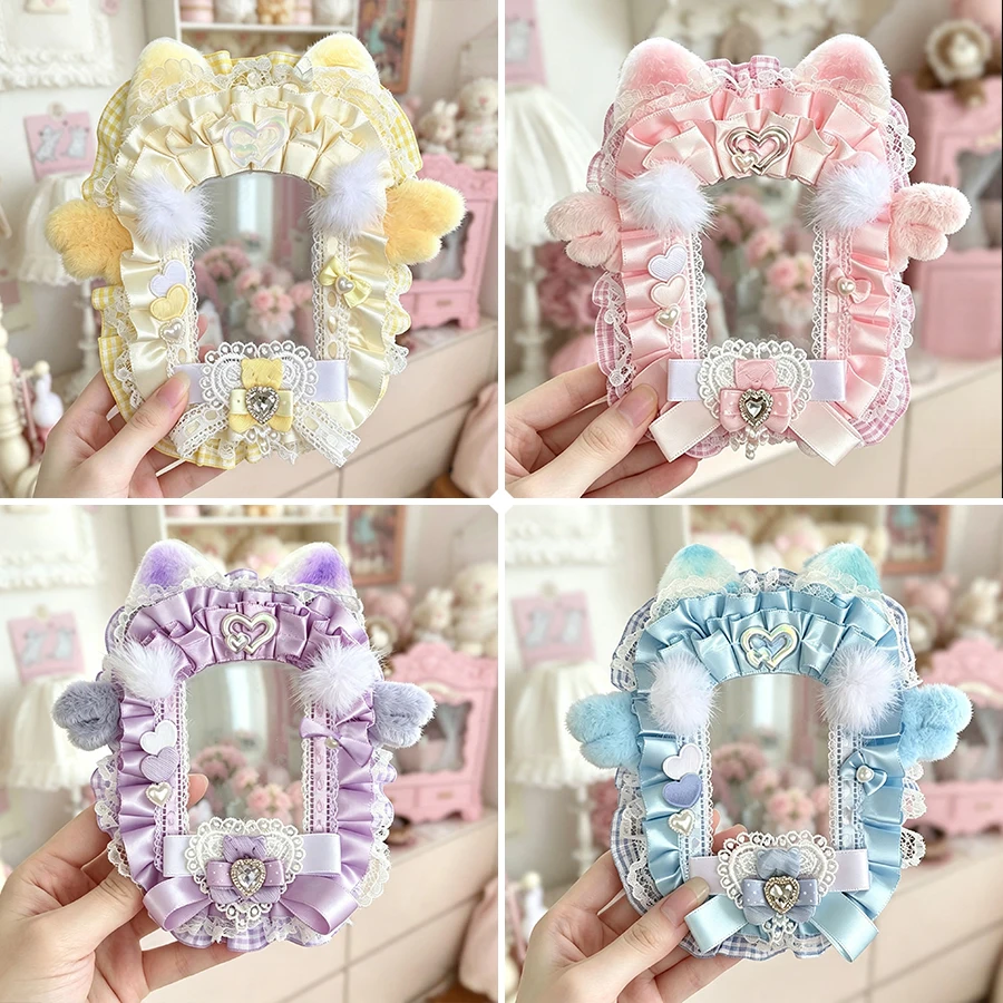 Handmade Irregular Photocard Holder Plush Cat Ear Pom‑pom Gingham Trim Satin Ruffle Lace Plush Wing Heart Bow Imitation Rhinestone 3 Inch Clear PVC Sleeve Idol Anime Card Photo Protective Case