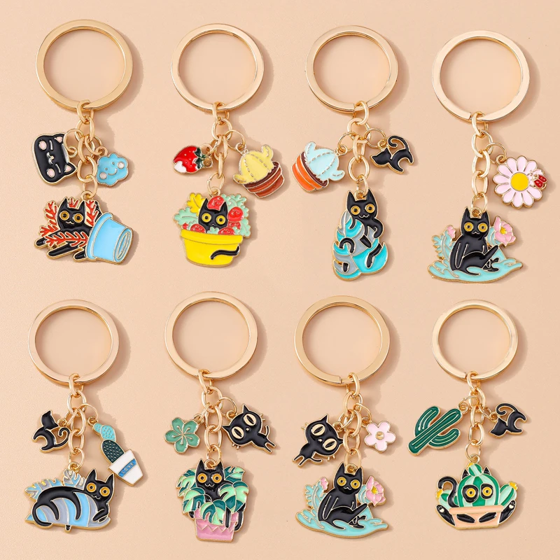 Cute Enamel Cartoon Cat Keychain Potted Plant Key Ring Pendants for Women Girls Handbag Decor DIY Handmade Jewelry Gift