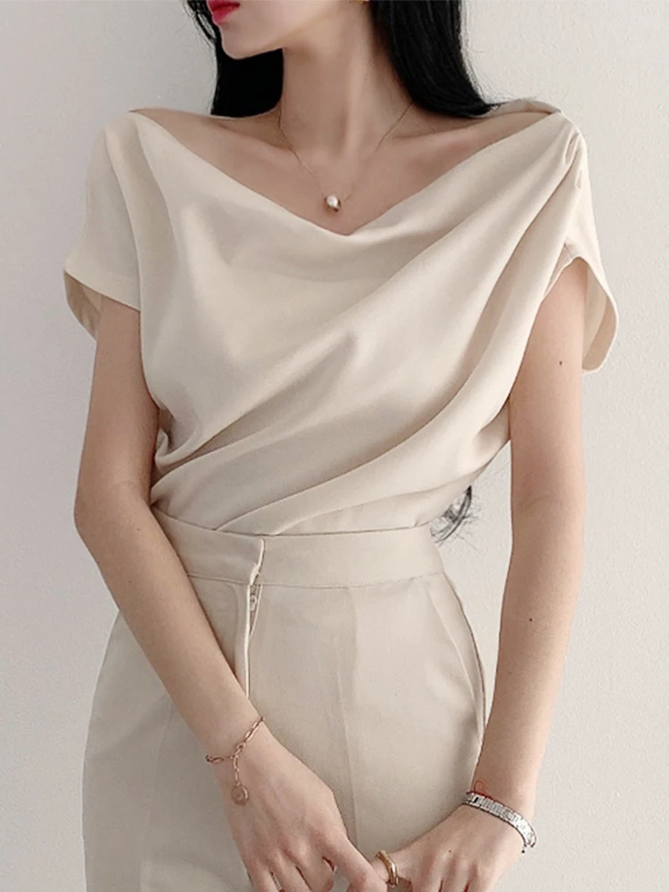 

Fashionable Short Sleeve One-Shoulder Shirt Women's Stylish Commute Top Korean Style Slim Fit round Neck Polyester Fiber