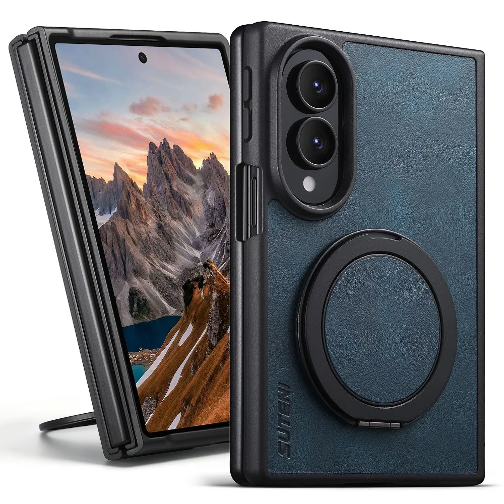 Retro Solid Color Leather Magnetic Flip Cover for Samsung Galaxy Z Fold 8 Ultra/Z Fold7 6 with Back 360° Rotatable Ring