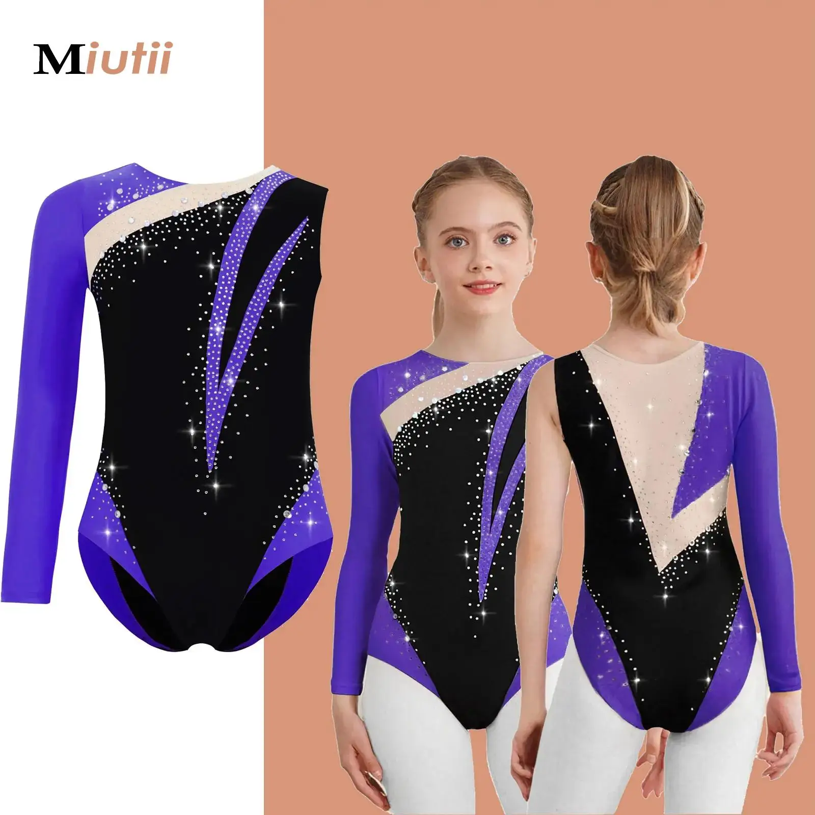 

Kids Girls Rhythmic Gymnastics Swimsuit Ballet Jersey Artistic Figure Skating Costume Mesh Color Block Dance Leotards Bodysuit