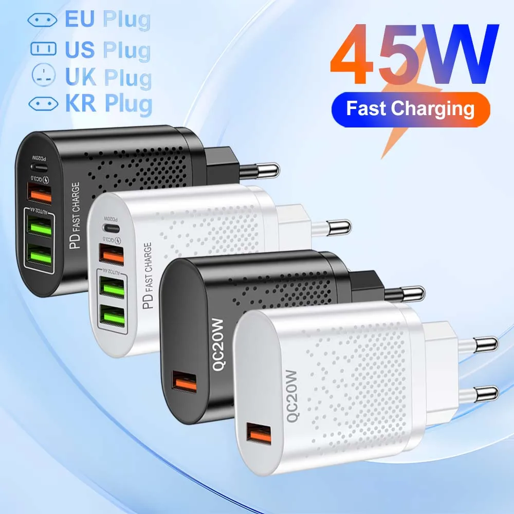 Total 45W 4 in 1 3 USB 1 Type C Quick Charging Fast Wall Charger For iPhone Samsung Xiaomi Huawei Oppo Mobile Phone Adapter