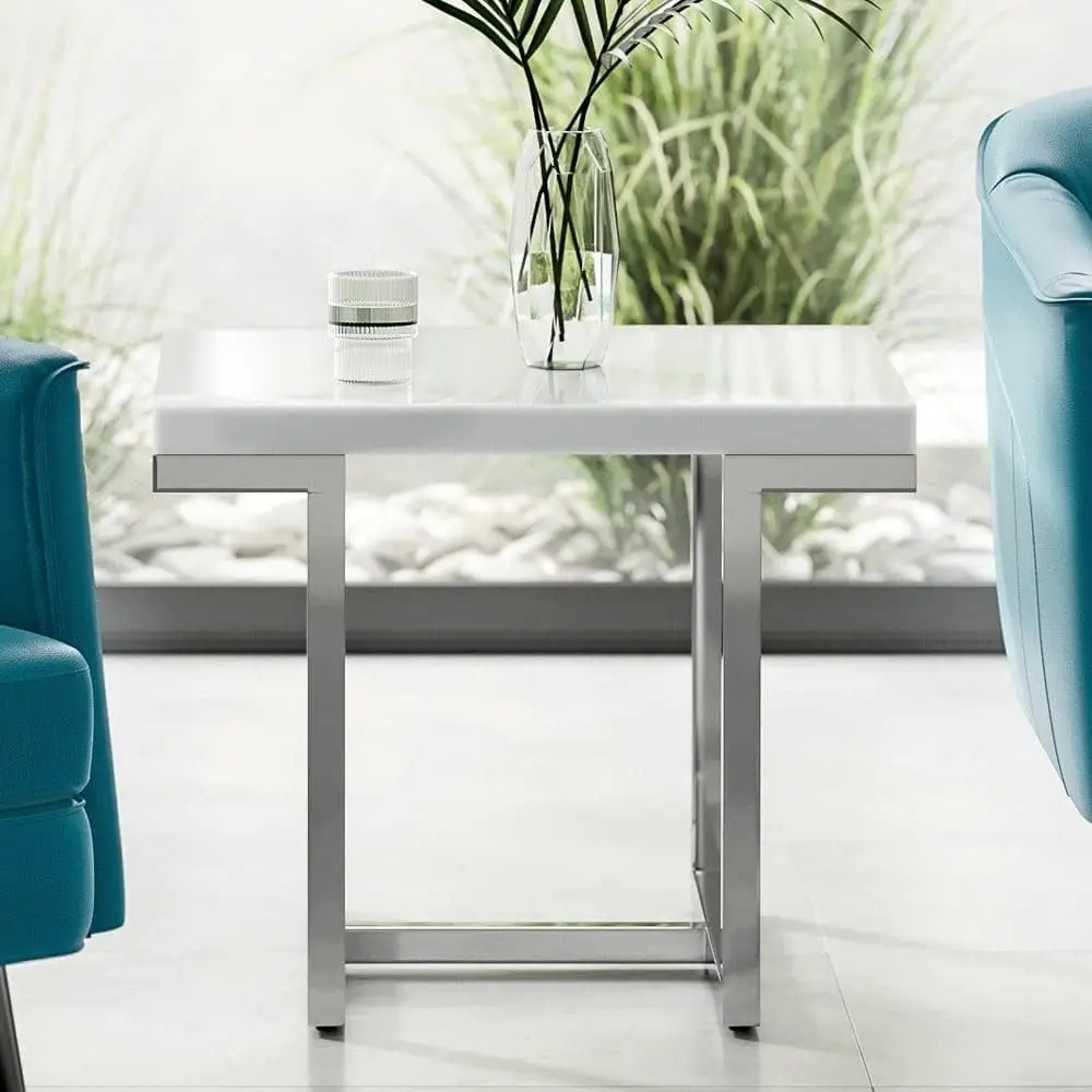 Muebles Mesa auxiliar moderna Straz con tapa de laca blanca brillante, base de acero inoxidable pulido