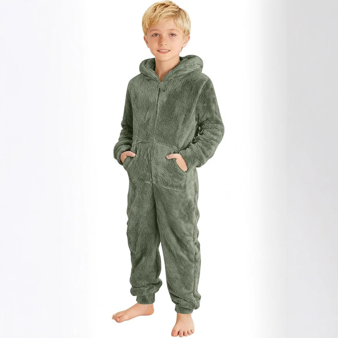 Thickened Fleece Lined Autumn Winter Overalls for Kids Pure Color Unisex Long Sleeve with Hat Casual Style Children's Clothing