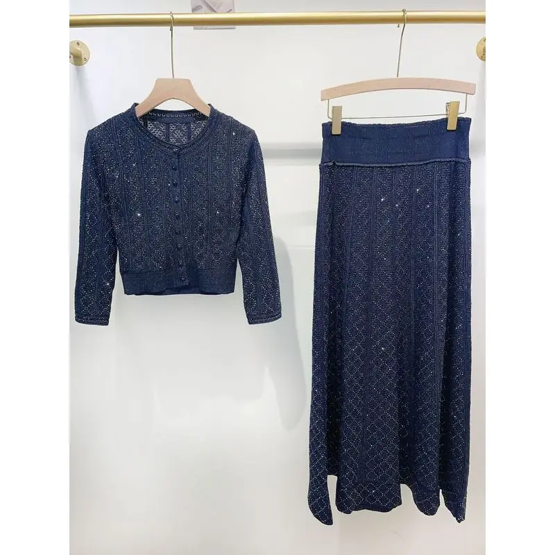 Luxury Rhinestone Sparkle Knit Two Piece Suit Long Sleeve Cropped Cardigan High Waist Textured Midi Skirt Wome Elegant Suit
