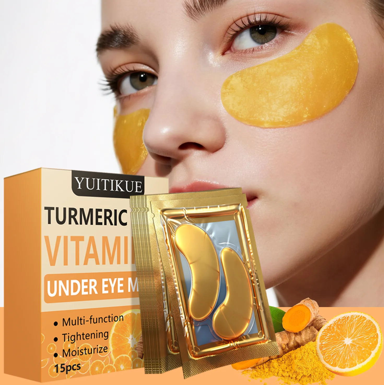 YUITIKUE Kurkuma-Augenmaske mit Vitamin C, multifunktional, straffend, feuchtigkeitsspendend, 15-teilig