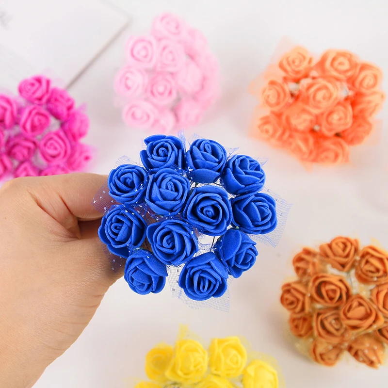 144pcs 2cm Mini Artificial Flowers Heads With Lace Foam Bear Rose Bouquet For Wedding Home Decor DIY Xmas Wreath Gifts Box Decor